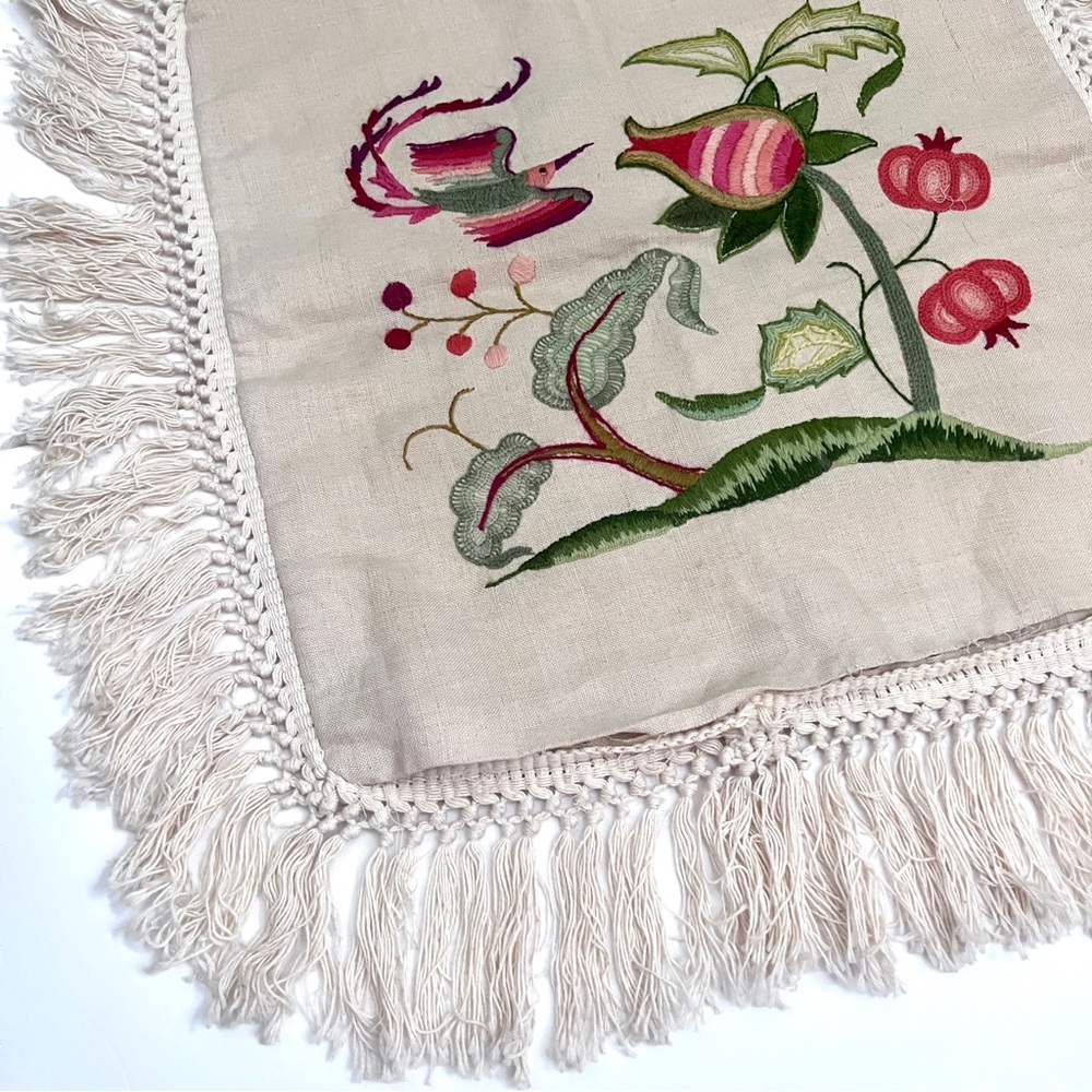Embroidered Linen Pillow Cover Floral Bird Boho Botanical Tassel Fringe Handmade